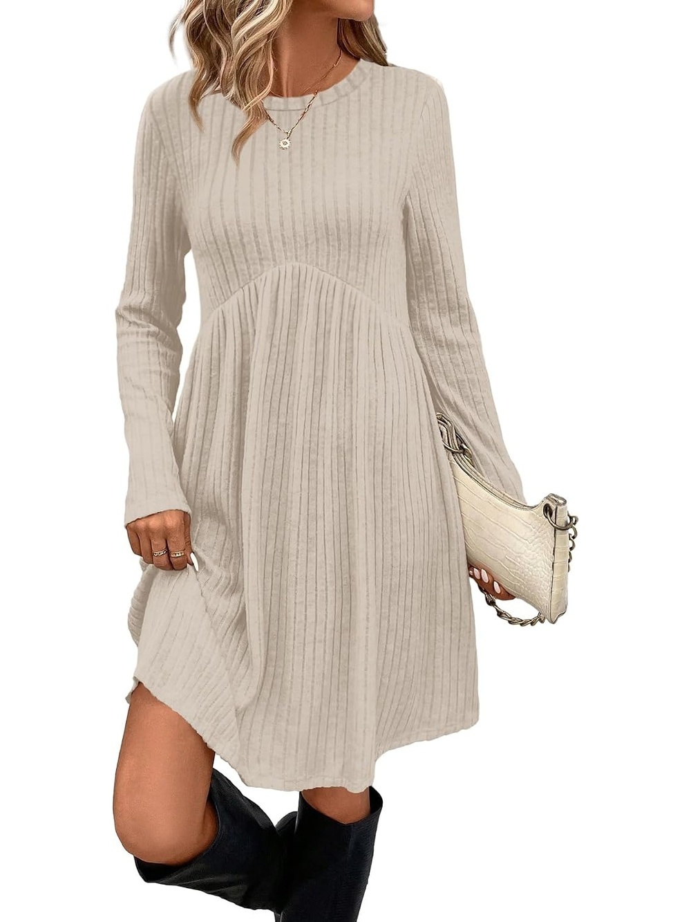 🆕 Women's Beige Ribbed Knit Babydoll Dress Long Sleeve Empire Waist Mini Top